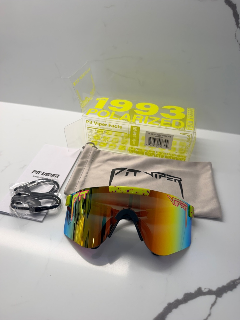 Pit Viper The 1993 Polarized Double Wide Neon Yellow Frame Rainbow Mirrored Lens